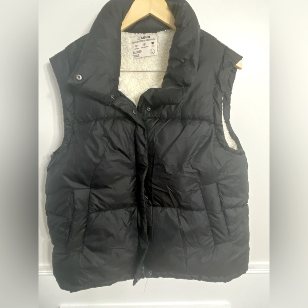 Ci Sono Puffer Vest Black Fleece Super Soft Women’s Size Large Cozy Pockets